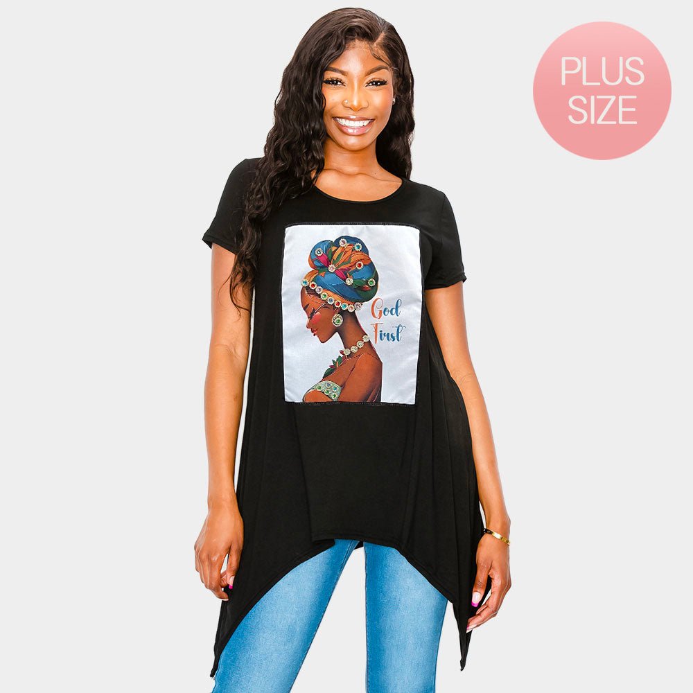 Stone Studded GOD TRUST Message Afro Woman Printed Half Sleeve Top - Especially Yours