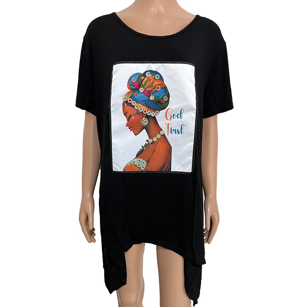 Stone Studded GOD TRUST Message Afro Woman Printed Half Sleeve Top - Especially Yours