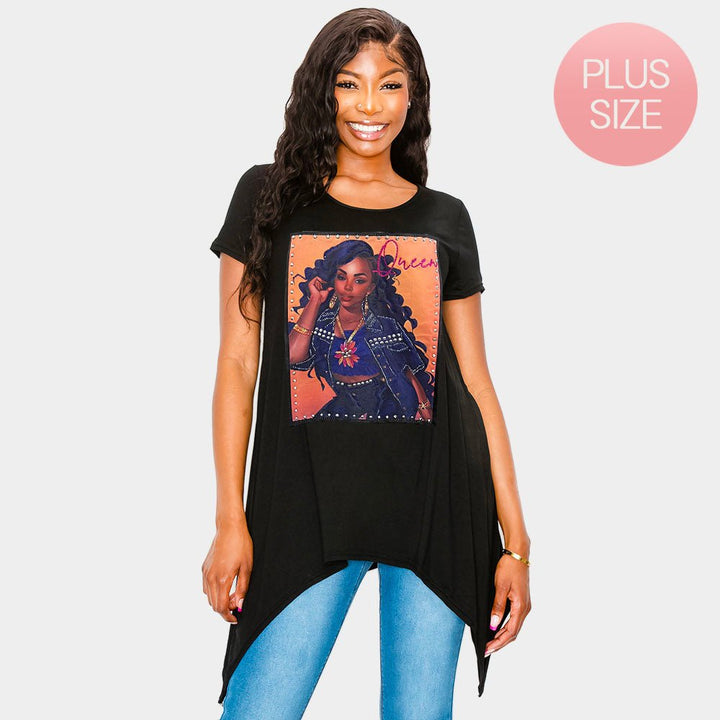 Stone Studded QUEEN Message Glam Woman Printed Half Sleeve Top - Especially Yours