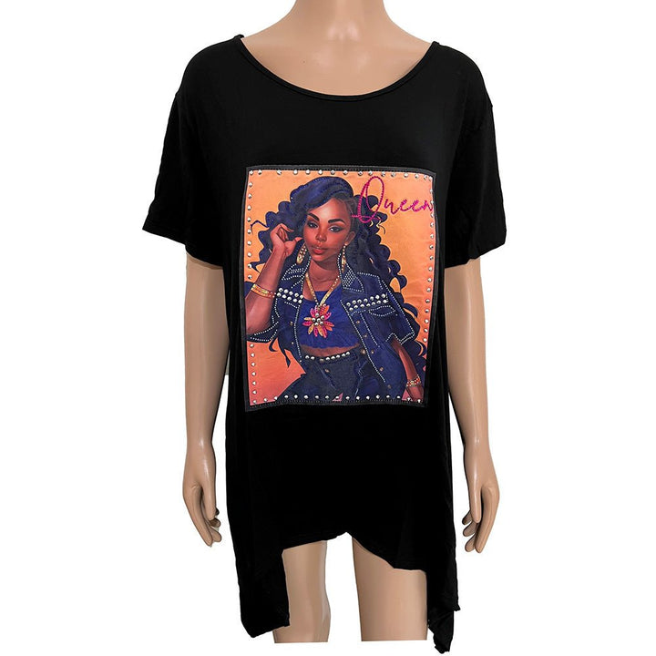 Stone Studded QUEEN Message Glam Woman Printed Half Sleeve Top - Especially Yours
