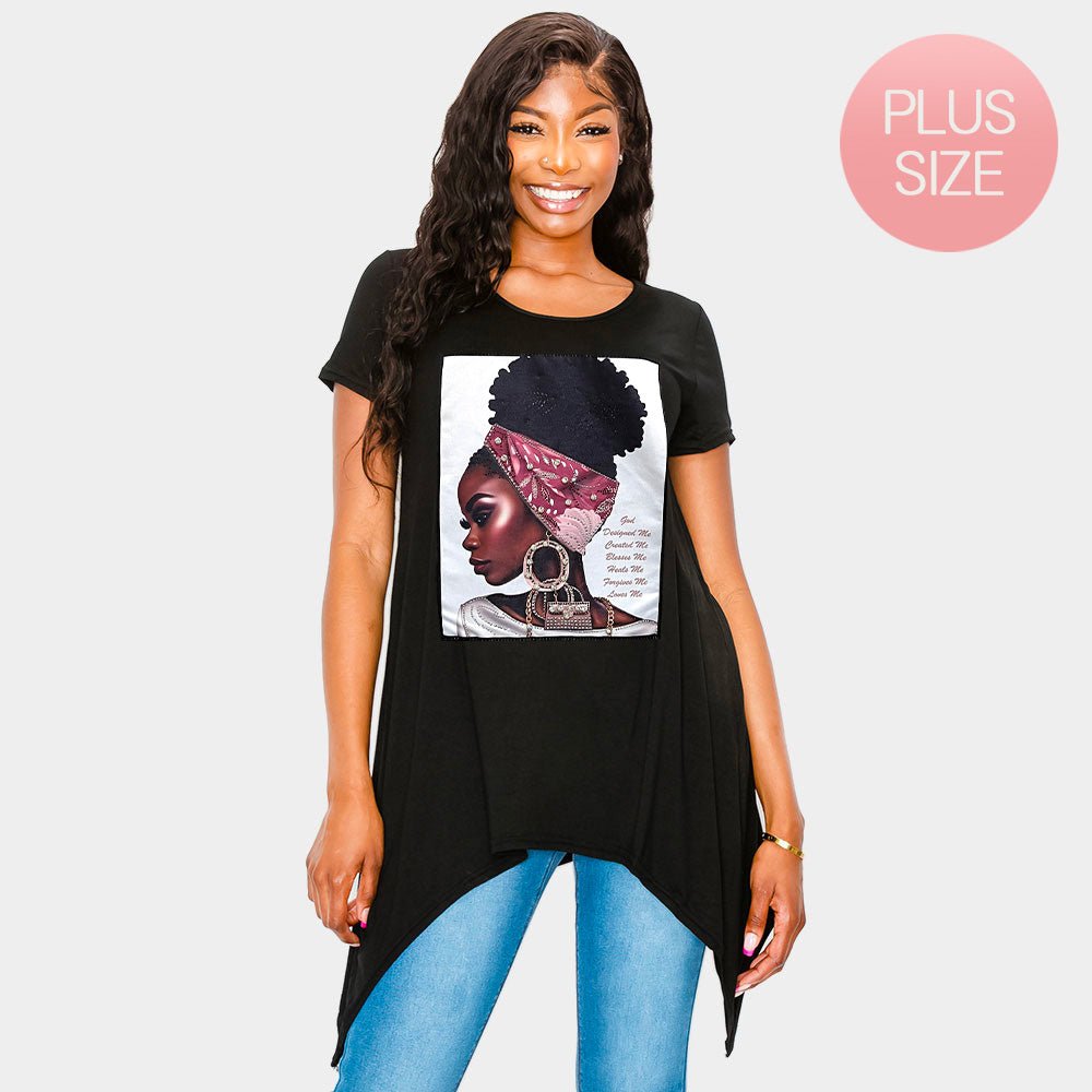 Stone Studded GOD Religious Message Afro Woman Printed Half Sleeve Top - Especially Yours