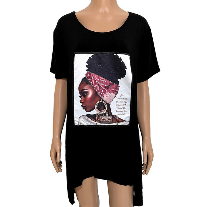 Stone Studded GOD Religious Message Afro Woman Printed Half Sleeve Top - Especially Yours