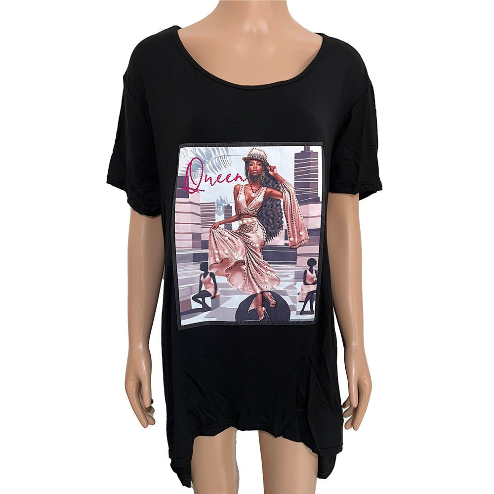Stone Studded QUEEN Message Glam Woman Printed Half Sleeve Top - Especially Yours