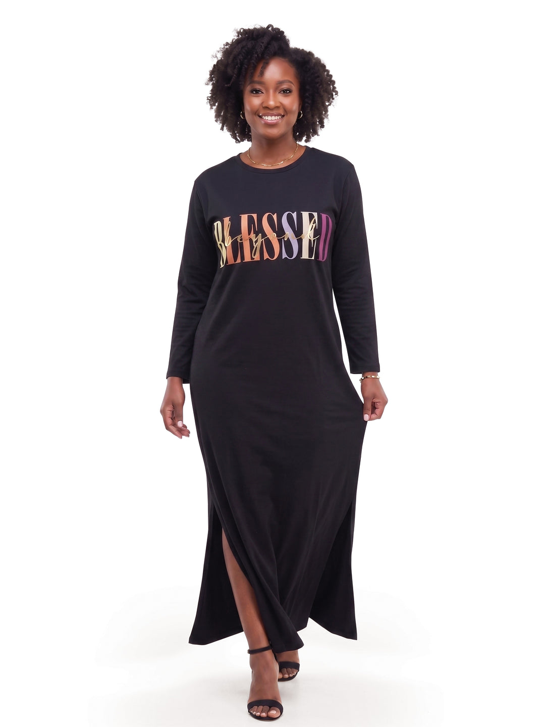 Beyond Blessed Maxi Dress in Black Multi with colorful "BLESSED" graphic by Studio EY, crew neck side slit silhouette