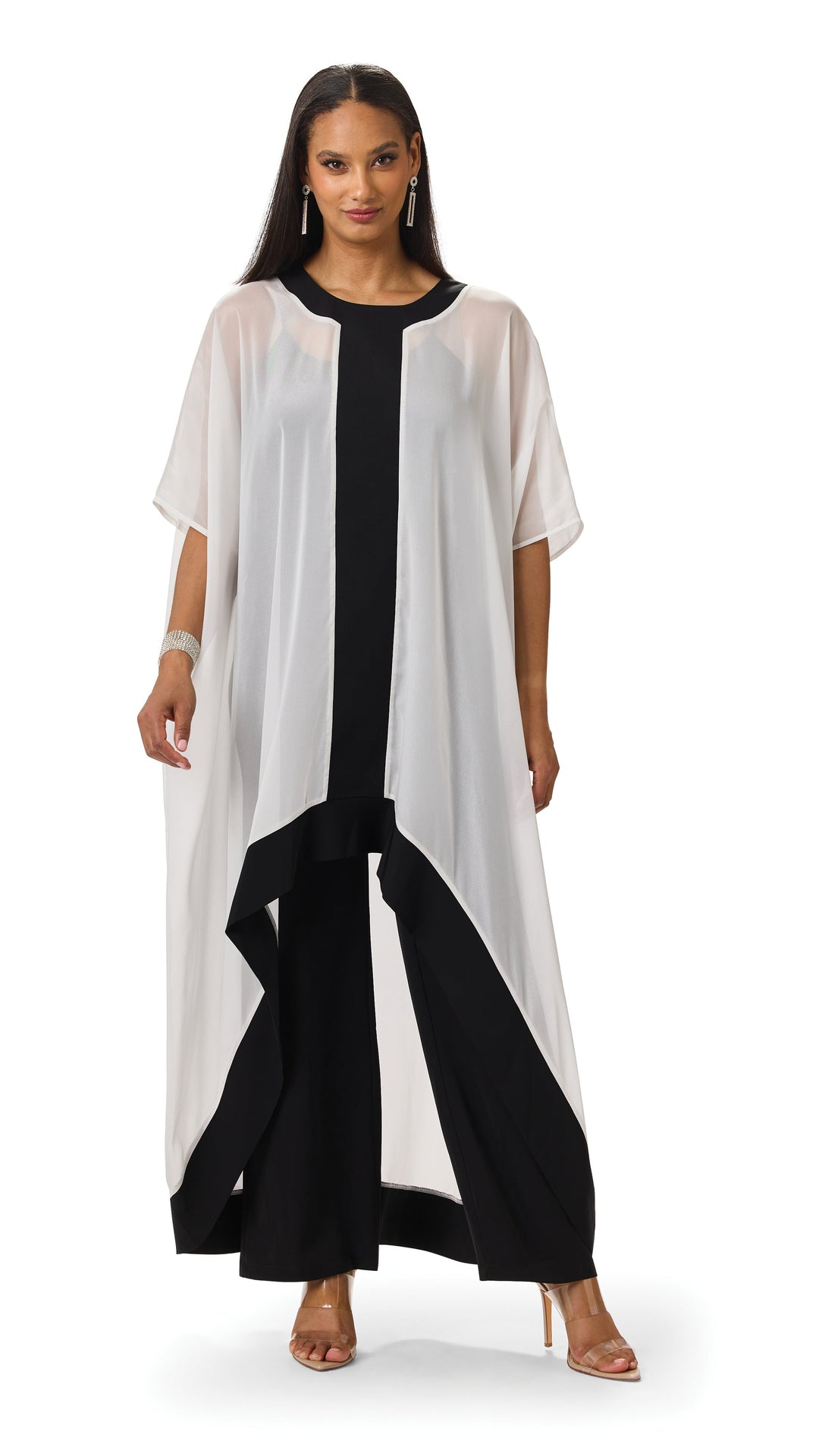 Flowy High-Low Pantset in Black/White sheer overlay by Studio EY, high-low topper over wide-leg pants