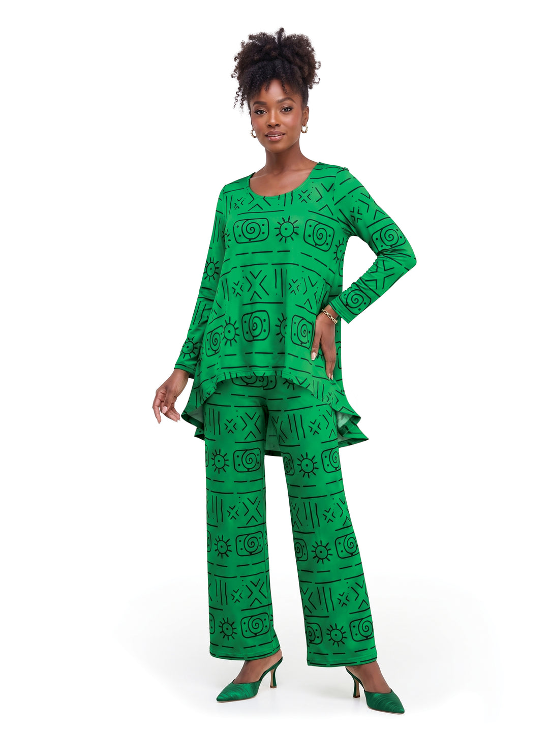 Batik Print Pantset in Green tribal mudcloth-style print by Studio EY, high-low top with wide-leg pants