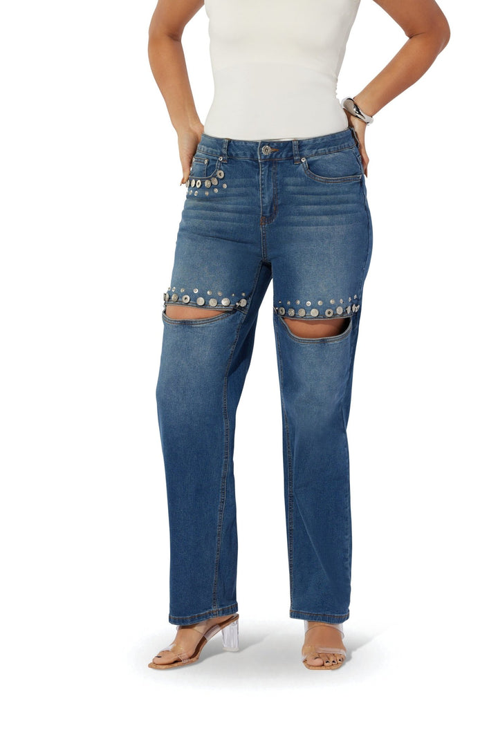 Grommet & Studded Distressed Jean by Studio EY - Especially Yours