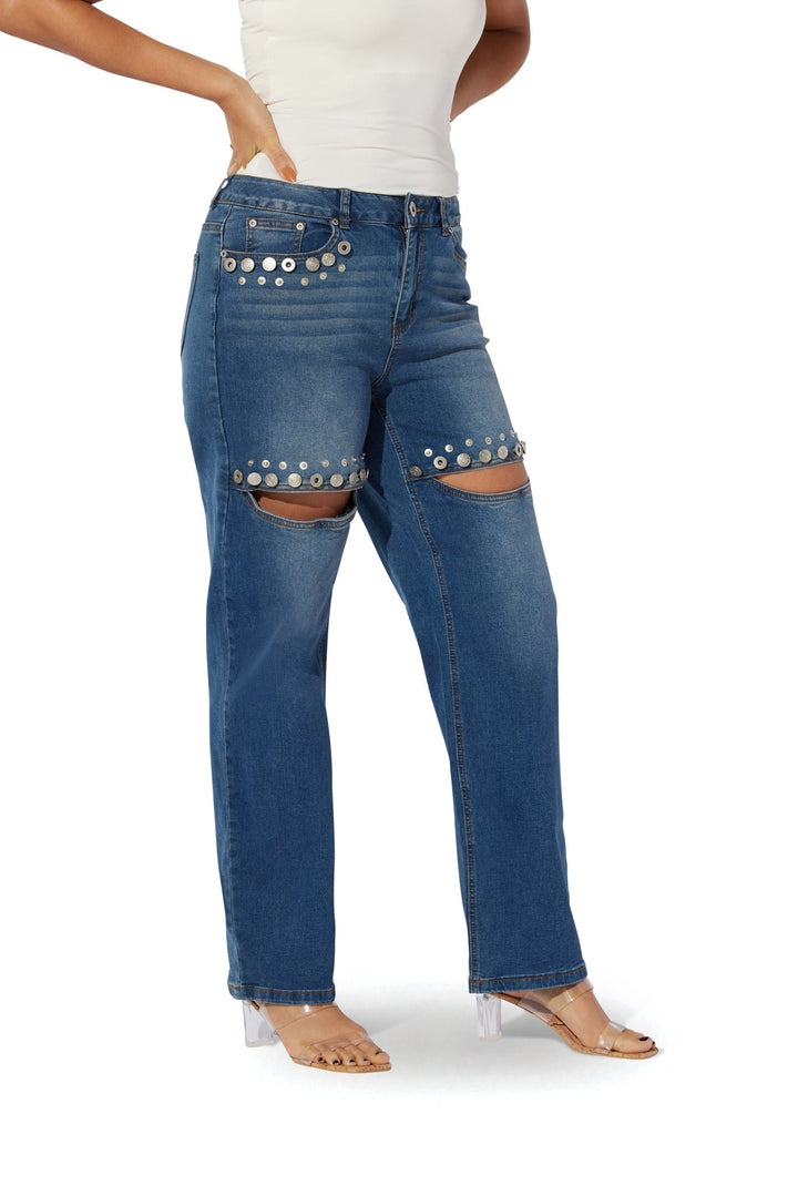 Grommet & Studded Distressed Jean by Studio EY - Especially Yours