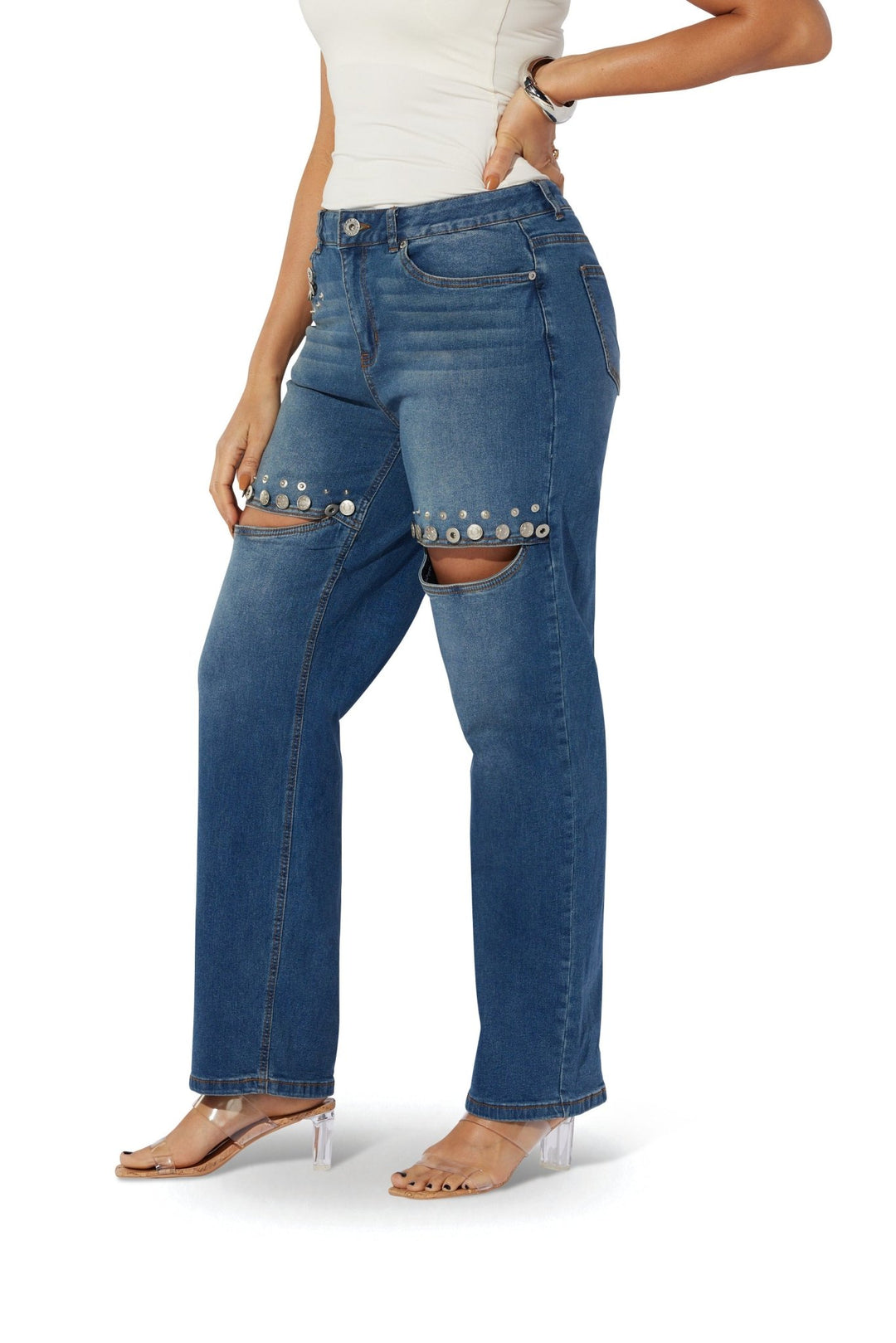Grommet & Studded Distressed Jean by Studio EY - Especially Yours