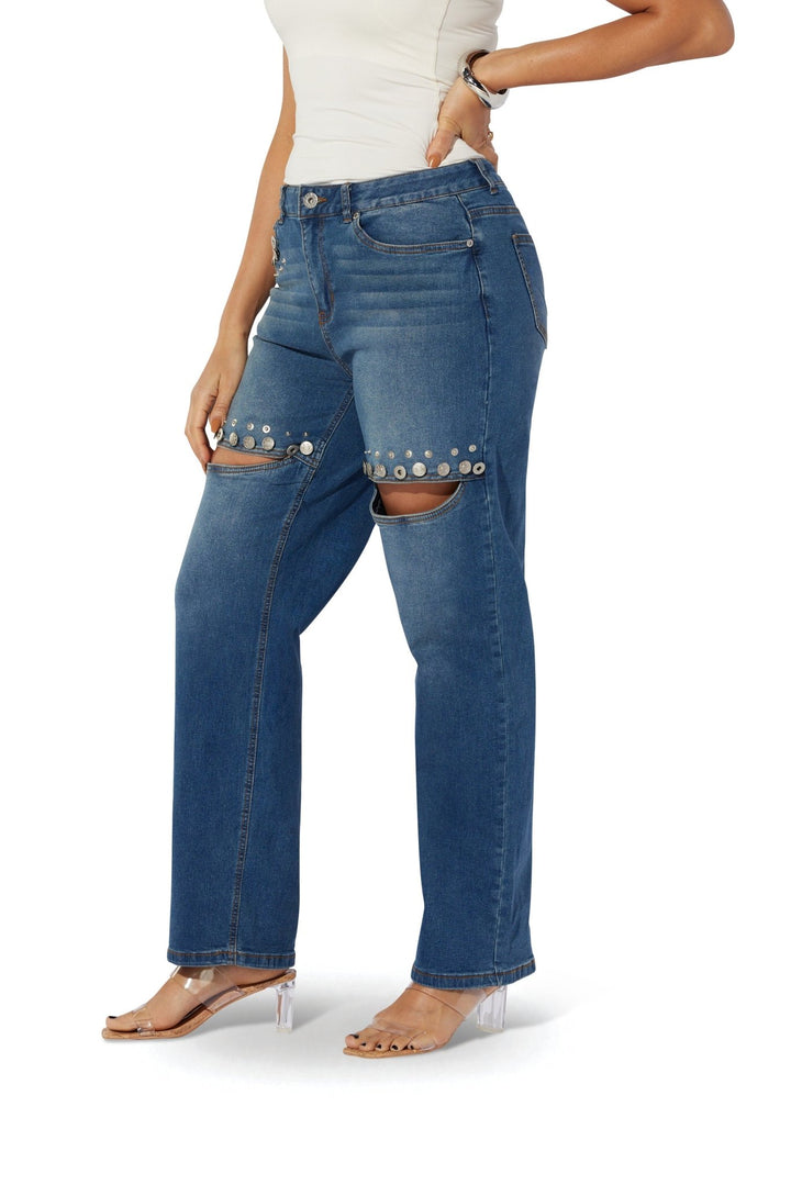 Grommet & Studded Distressed Jean by Studio EY - Especially Yours