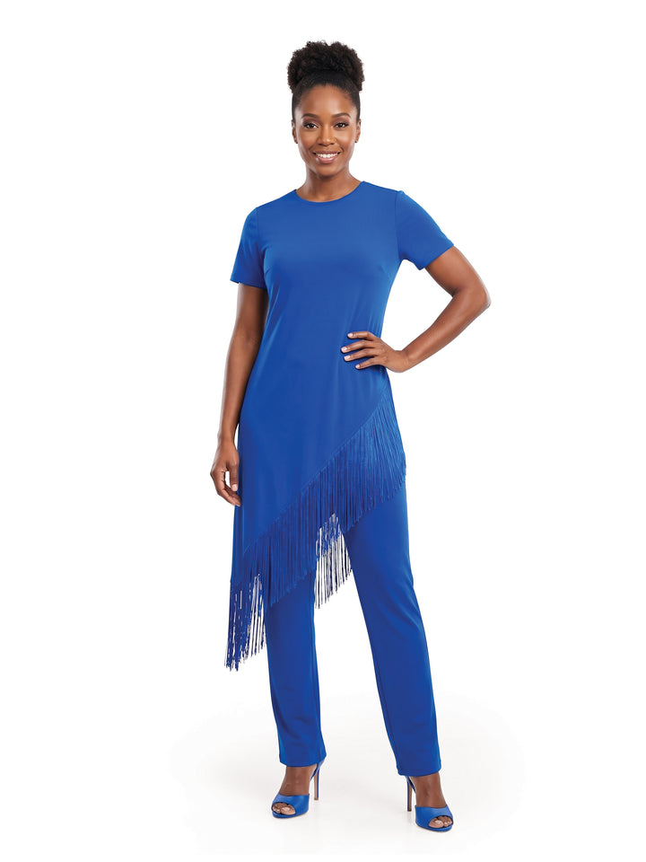 Asymmetrical Fringe Pantset in Cobalt blue with fringe-hem top and straight-leg pant by Studio EY
