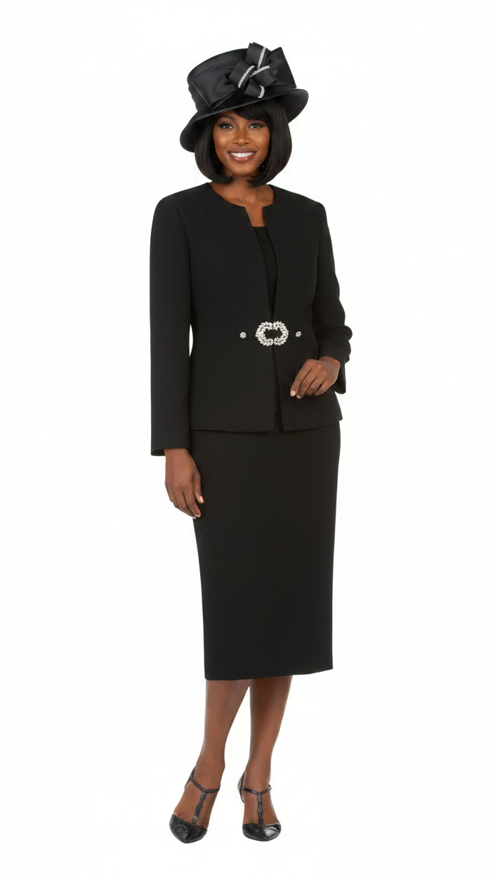 3pc Collarless Rhinestone Buckle Skirt Suit - Plus