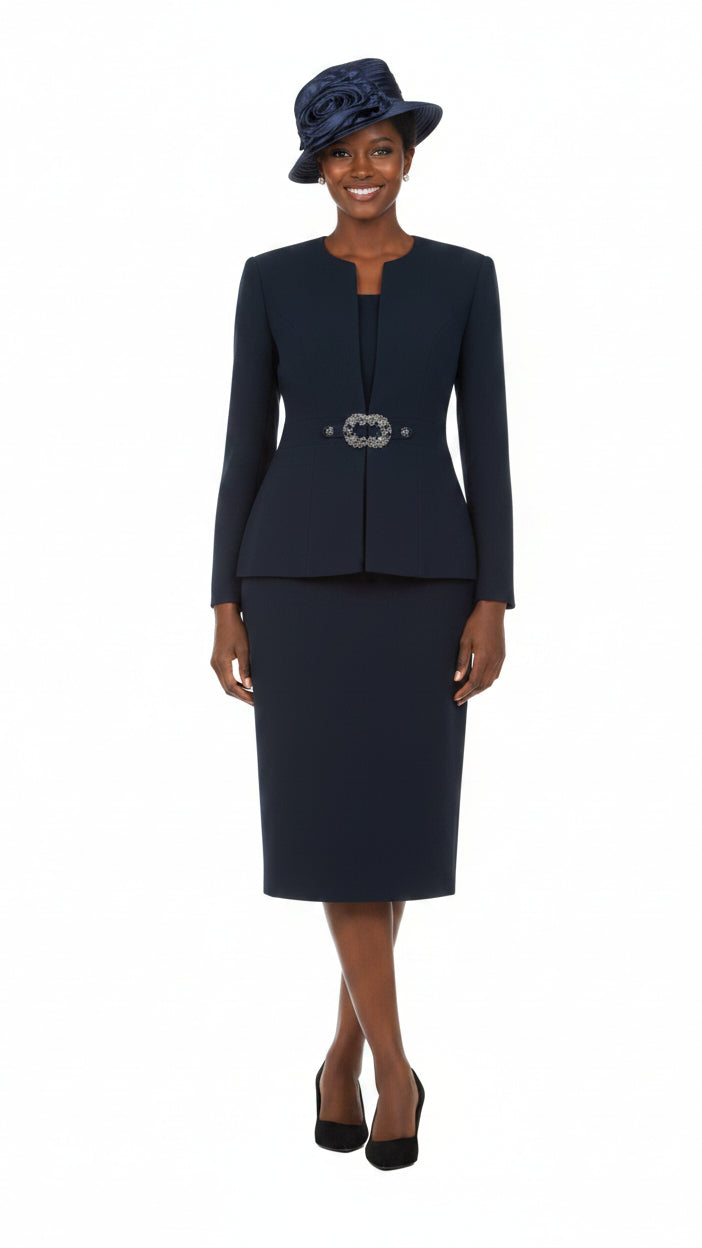 3pc Collarless Rhinestone Buckle Skirt Suit - Plus