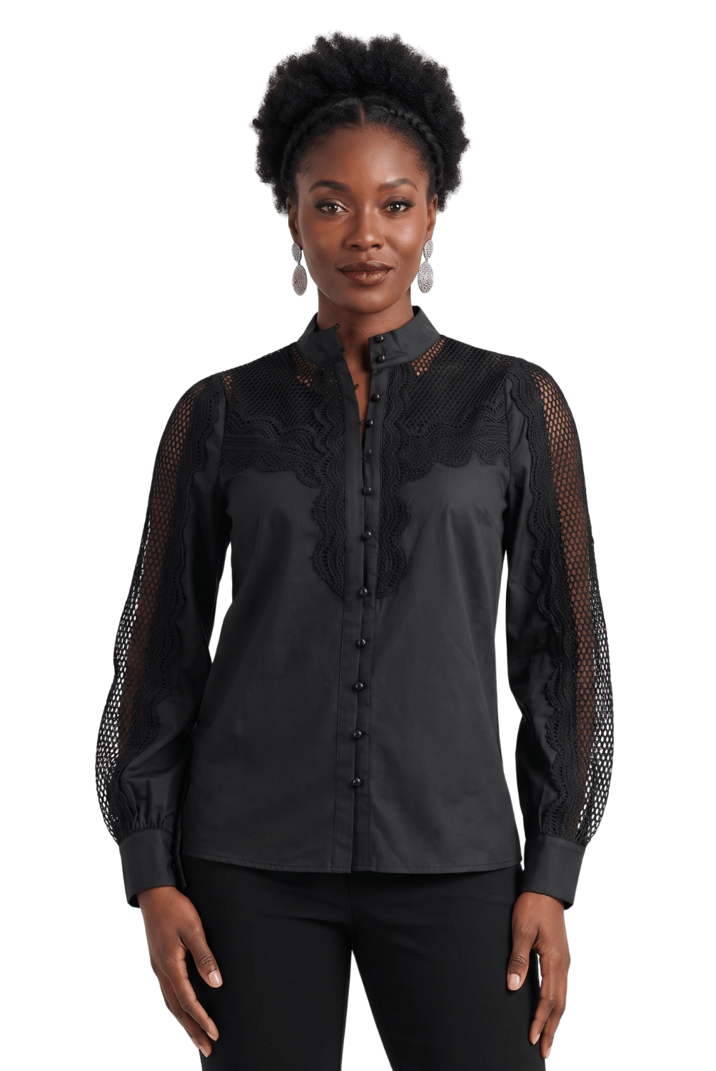 Sheer Mesh Sleeve Button Front Blouse by Lily & Taylor - Especially Yours