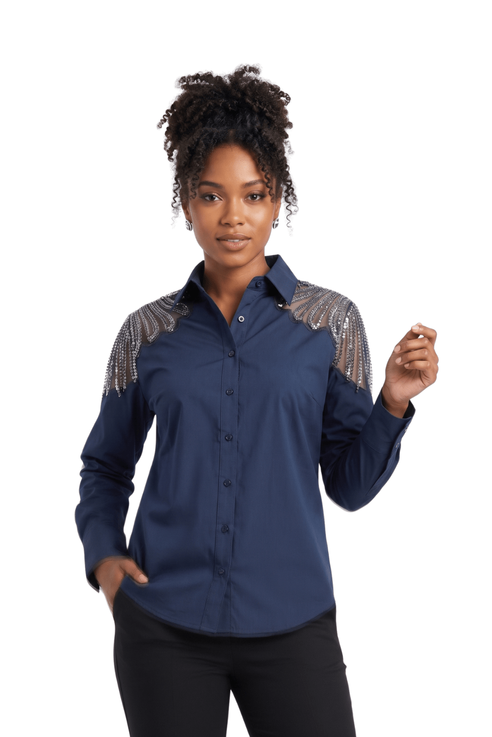 Rhinestone Fringe Shoulder Button Front Blouse by Lily & Taylor - Especially Yours