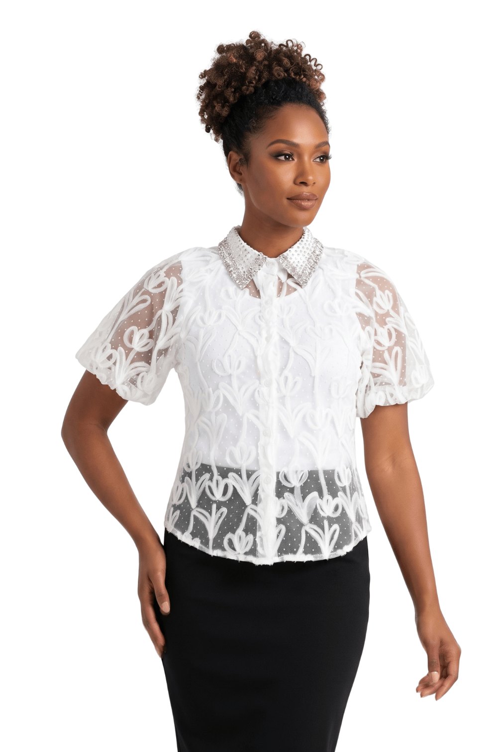 Embellished Collar Sheer Lace Peplum Blouse by Lily & Taylor - Especially Yours