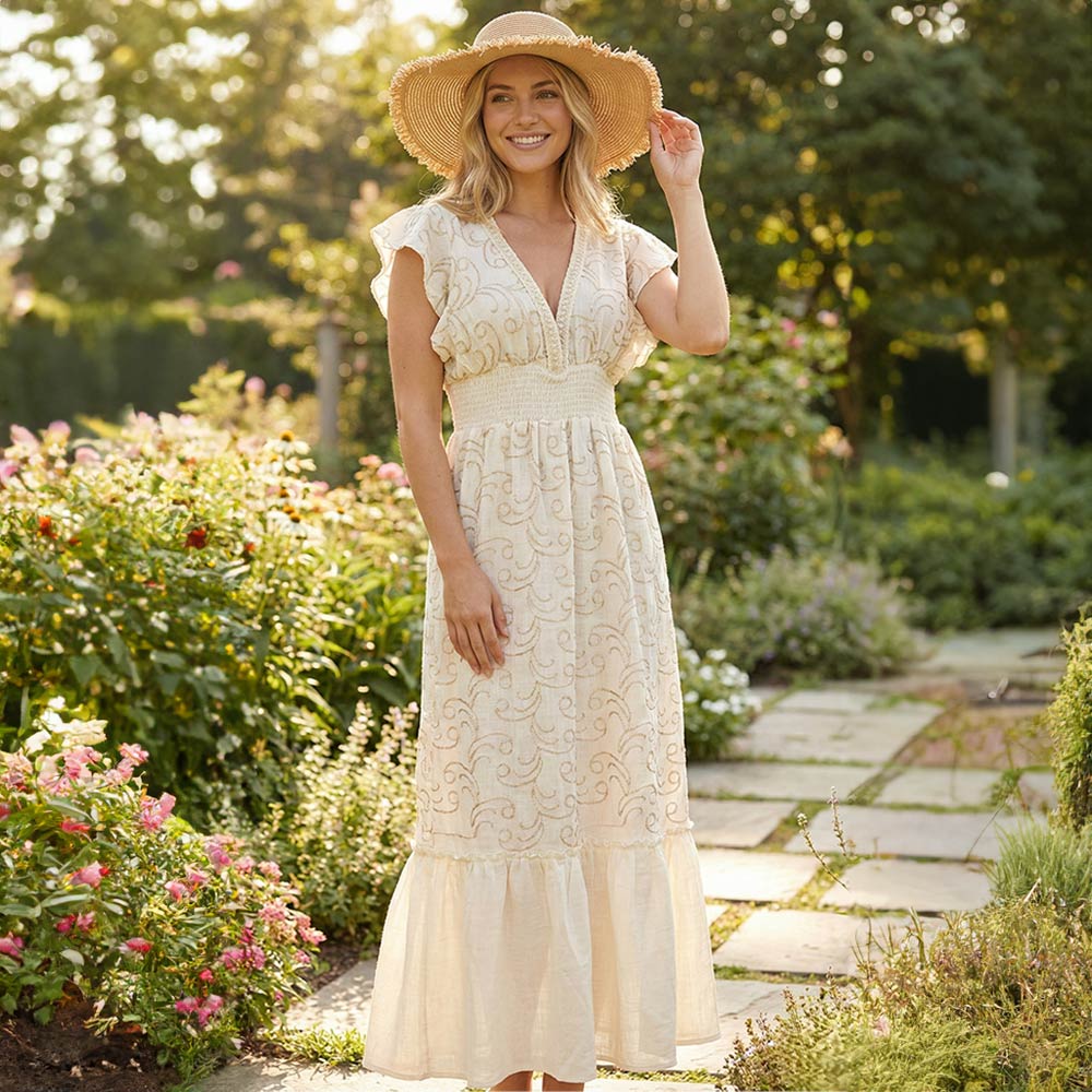 Elegant Embroidered V - neck Maxi Dress - Especially Yours