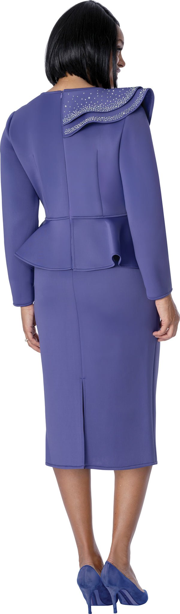 Elegant Royal Purple Peplum Skirt Suit with Rhinestone Ruffle Detail SL600461PL - Especially Yours