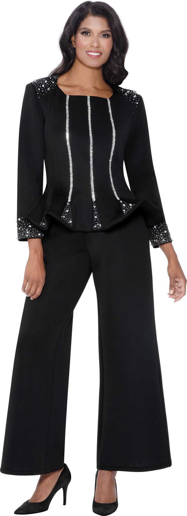 Matching Set with Palazzo Pants, Rhinestone and Pearl Trimmed Top SL600472 - Especially Yours