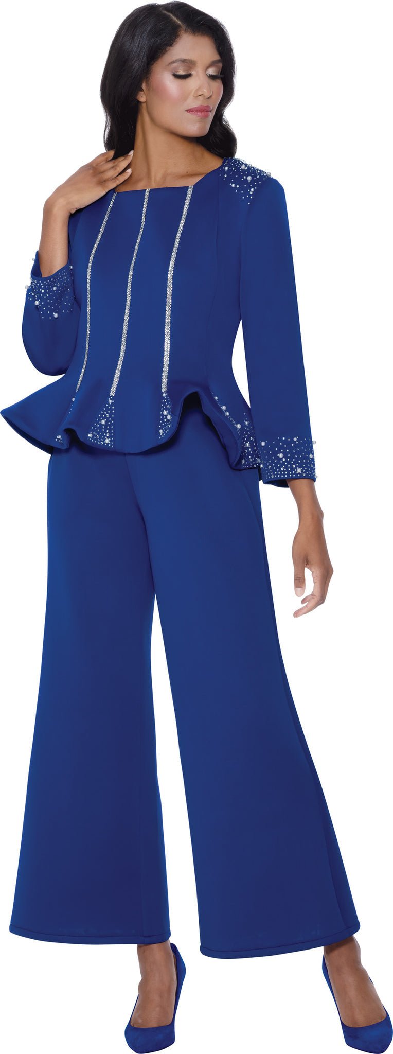 Matching Set with Palazzo Pants, Rhinestone and Pearl Trimmed Top SL600472 - Especially Yours