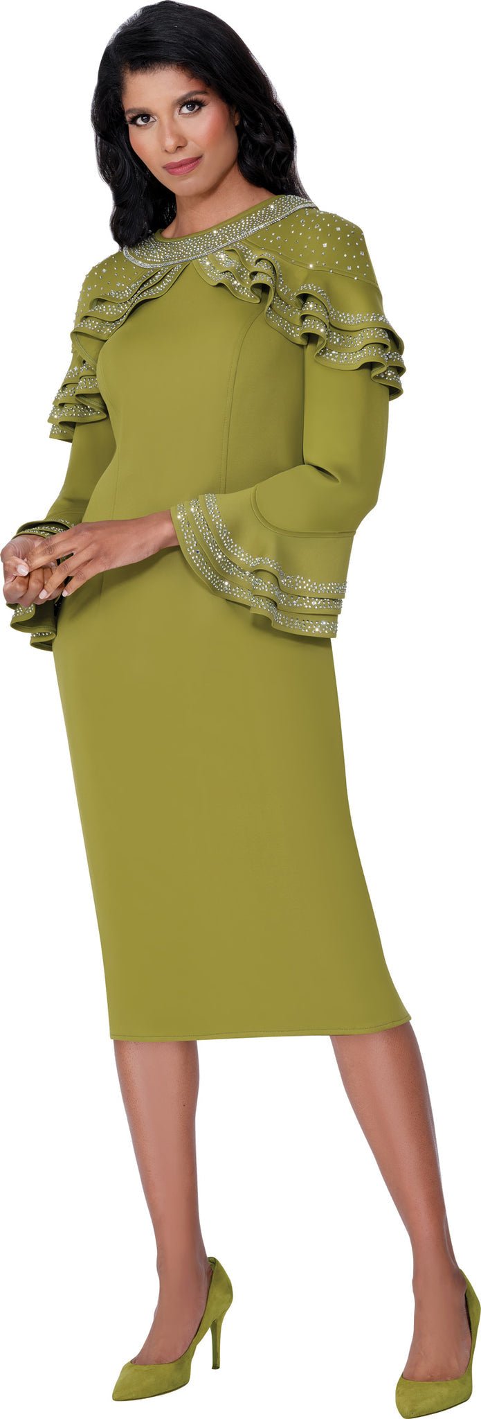 Light Scuba Fabric Dress with Ruffles, Flare Sleeves and Rhinestones SL600651 - Especially Yours