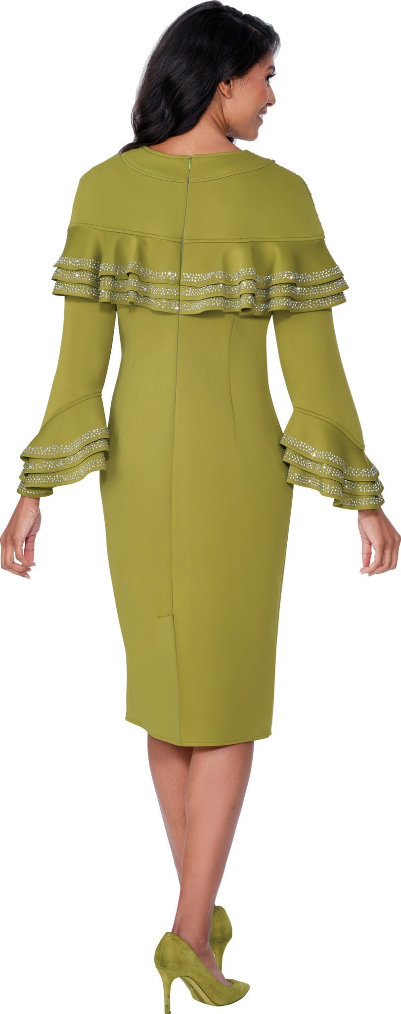 Light Scuba Fabric Dress with Ruffles, Flare Sleeves and Rhinestones SL600651 - Especially Yours