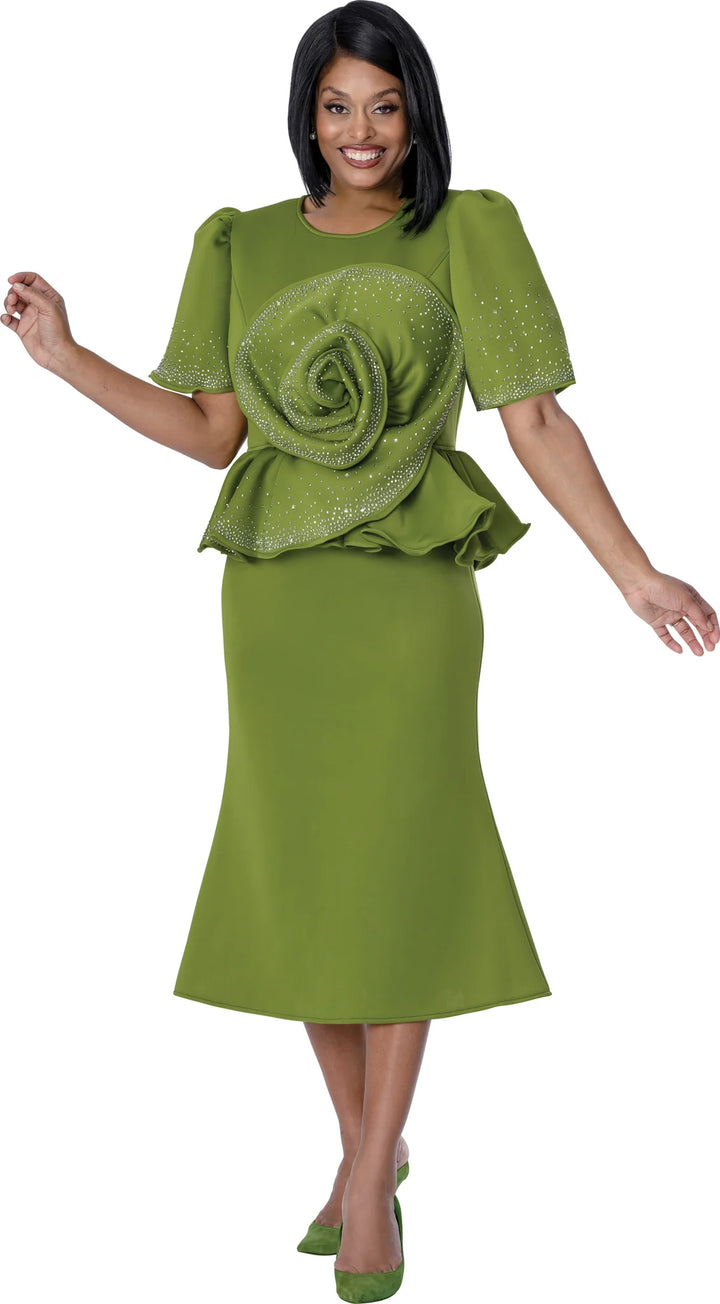 Olive Green Rhinestone Rosette Peplum Suit - Stellar Looks