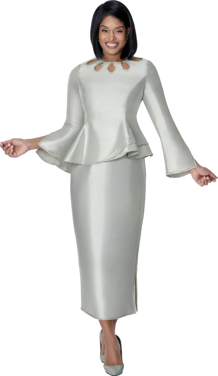 Elegant Silver Two - Piece Peplum Skirt Suit with Rhinestone Cut - Out Neckline SL600993 - Especially Yours