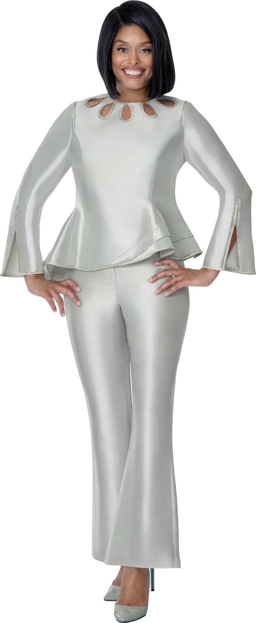 Elegant Silver Two - Piece Peplum Skirt Suit with Rhinestone Cut - Out Neckline SL600993 - Especially Yours