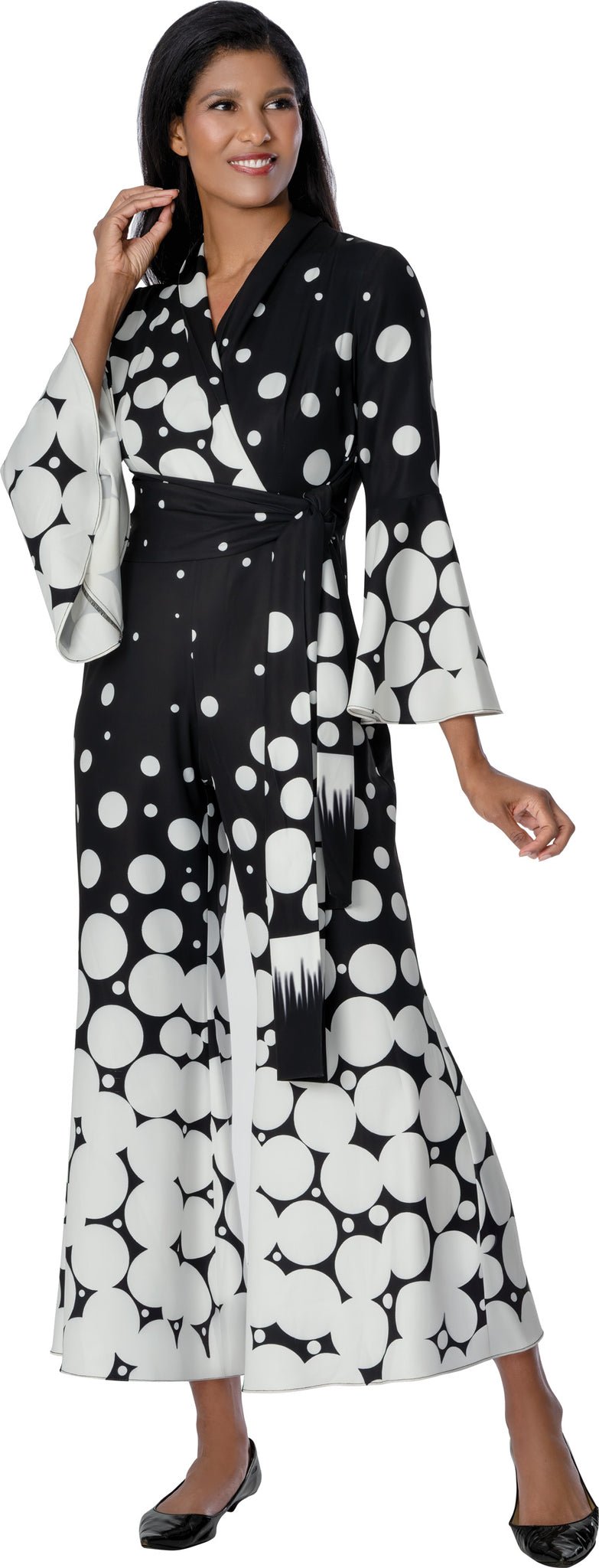 Black & White Polka Dot Wide - Leg Jumpsuit with Bell Sleeves SL601081 - Especially Yours