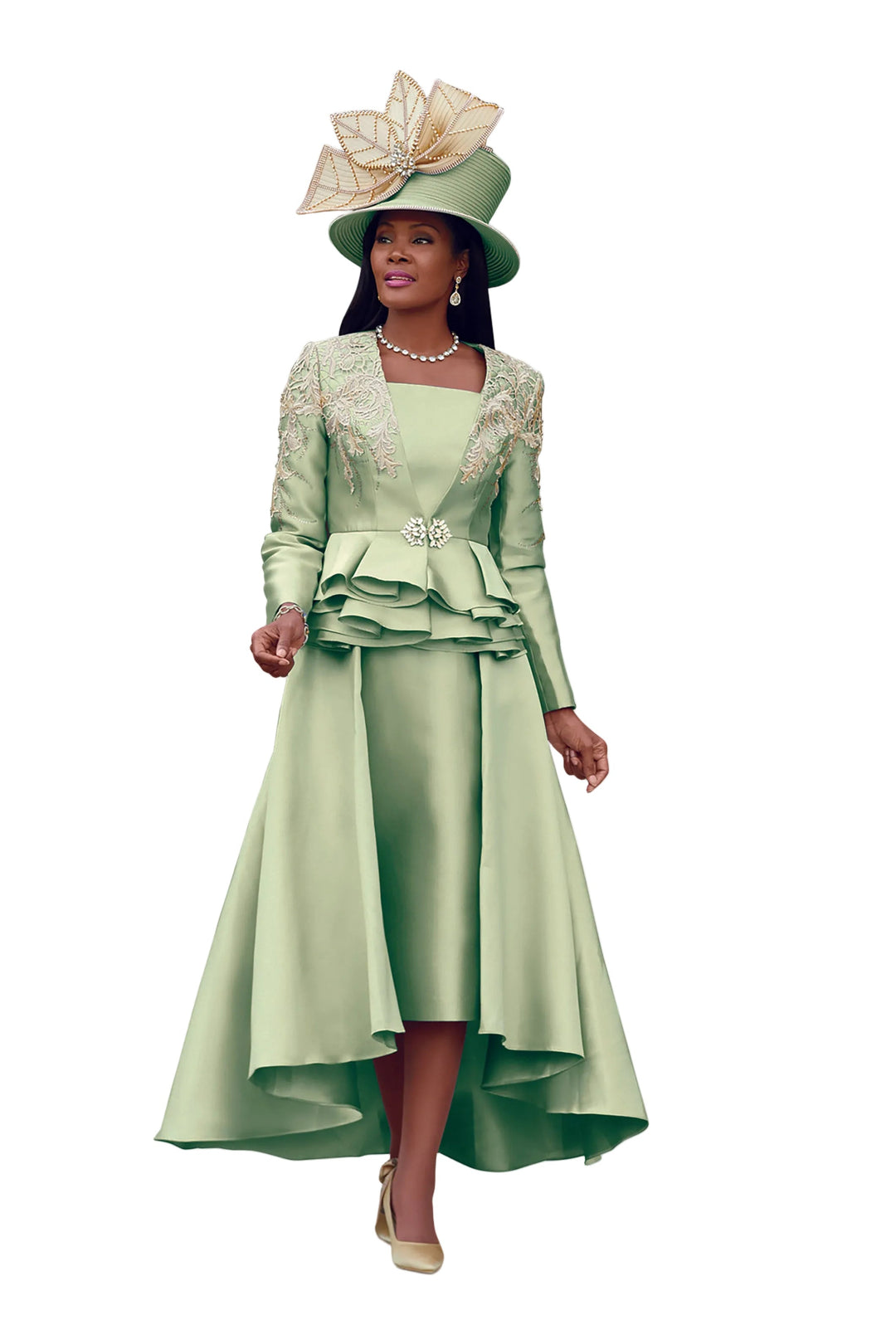 Grand Entrance Suit by Lisa Rene Black Label - celery green two-piece ladies church suit with dramatic floor-sweeping peplum jacket and luxe embroidery