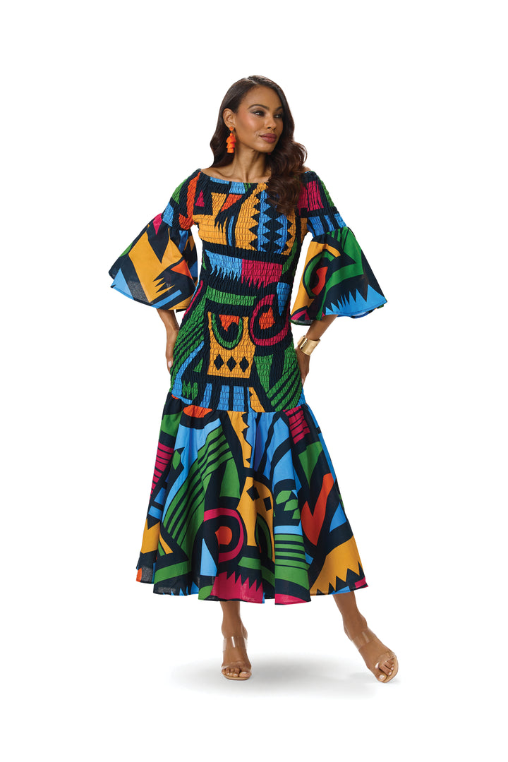 Winona's Wow Maxi Dress in Bold Multi Afrocentric print by Studio EY, on/off shoulder bell sleeve maxi dress