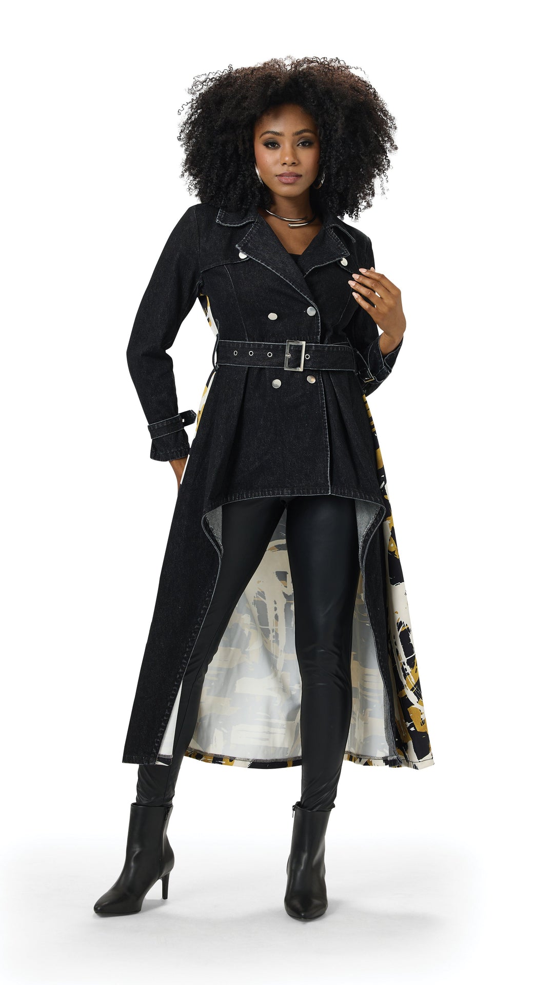 Graphic High-Low Denim Jacket in Black Denim Multi with graphic back lining by Studio EY, double-breasted with fashion belt