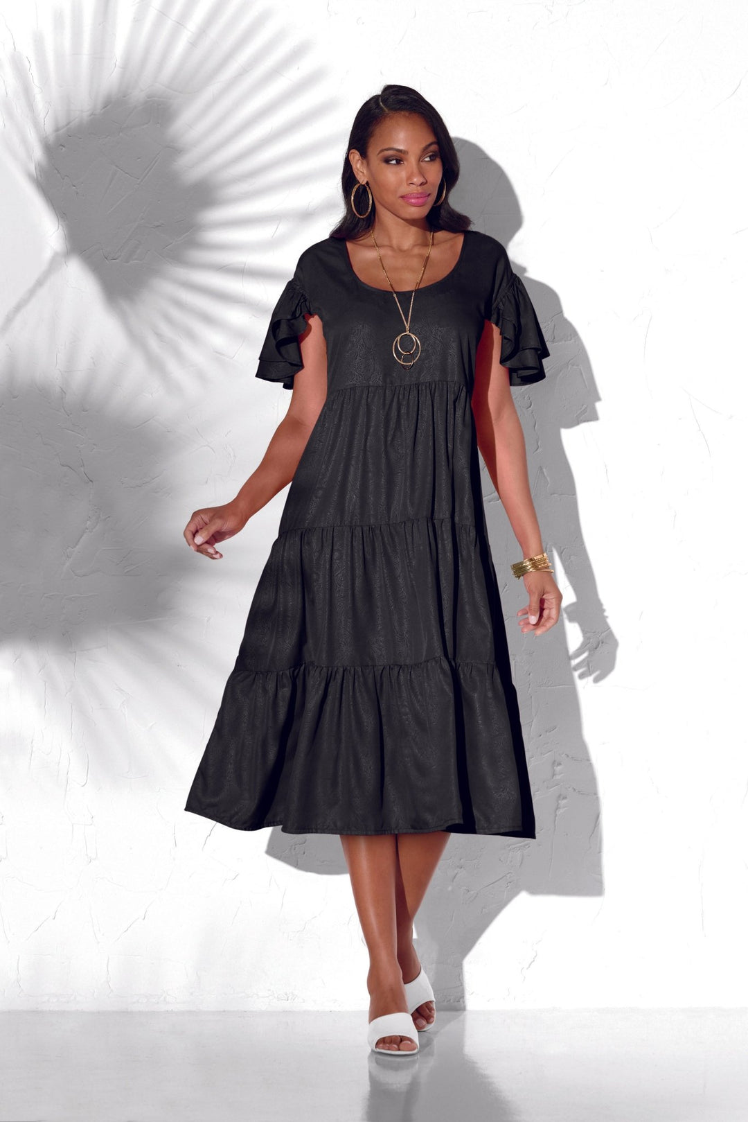 black tiered dress casual JSKUMAR Women's Casual Tiered Dress with Pockets V Neck Ruffle Dress Cap Sleeve Swing Mini Dress A-Line Dresses Black,S, Size: Small