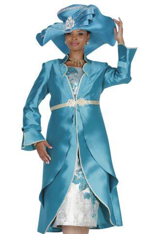 2-Piece Teal Satin Duster & Metallic Floral Jacquard Dress Set - 6255