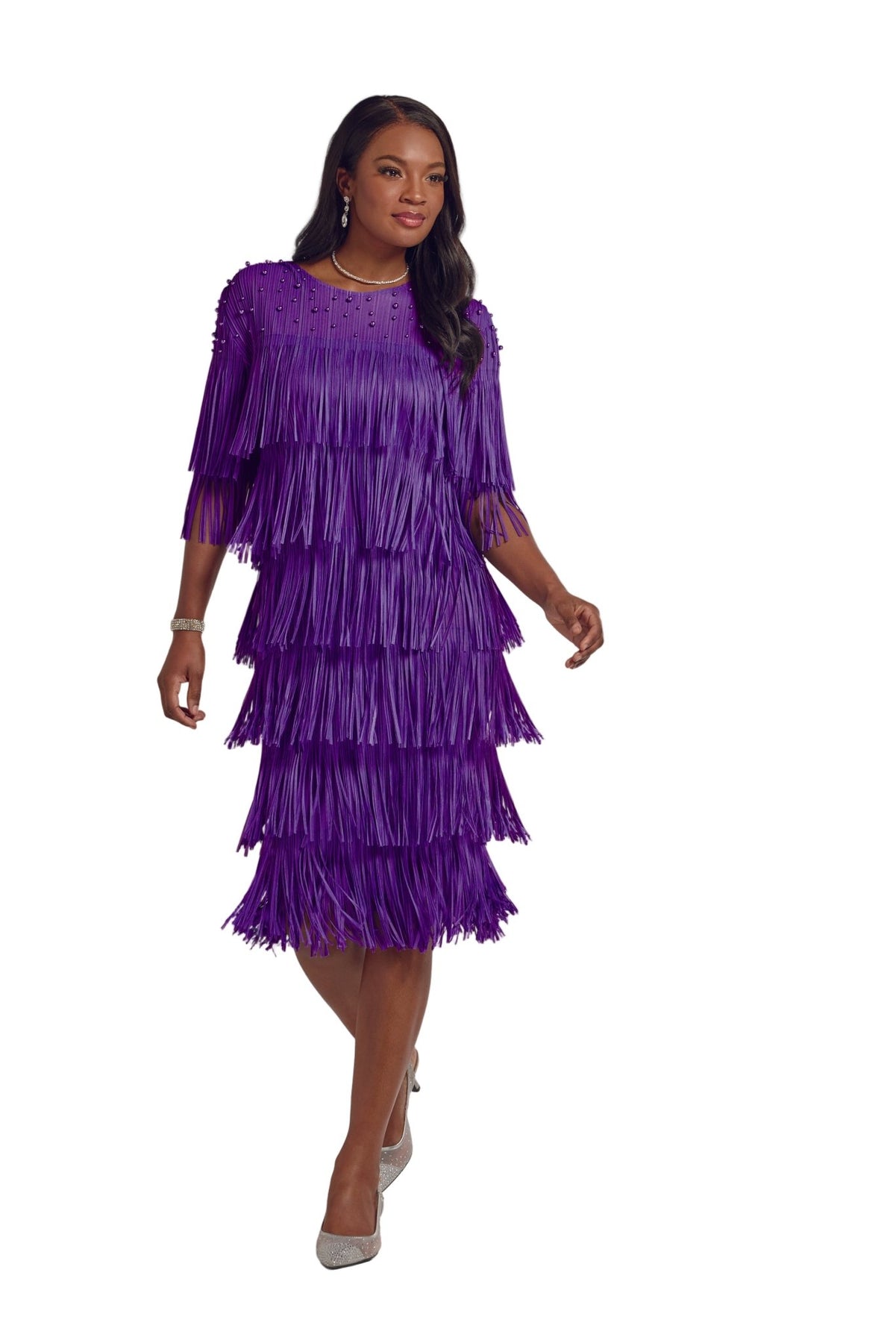 purple fringe dress Go-Go in Oh La La M/L At the hem Flattery of Fringe Midi Dress