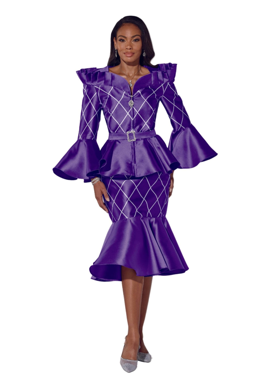 Woman wearing EY Boutique Trendy Trellis purple satin peplum suit with silver lattice print, flounce sleeves and trumpet skirt