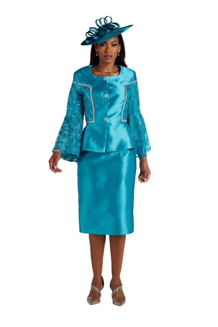 Feel Pretty Peplum Suit by EY Boutique – teal satin skirt suit with lace sleeves and matching church hat for special events