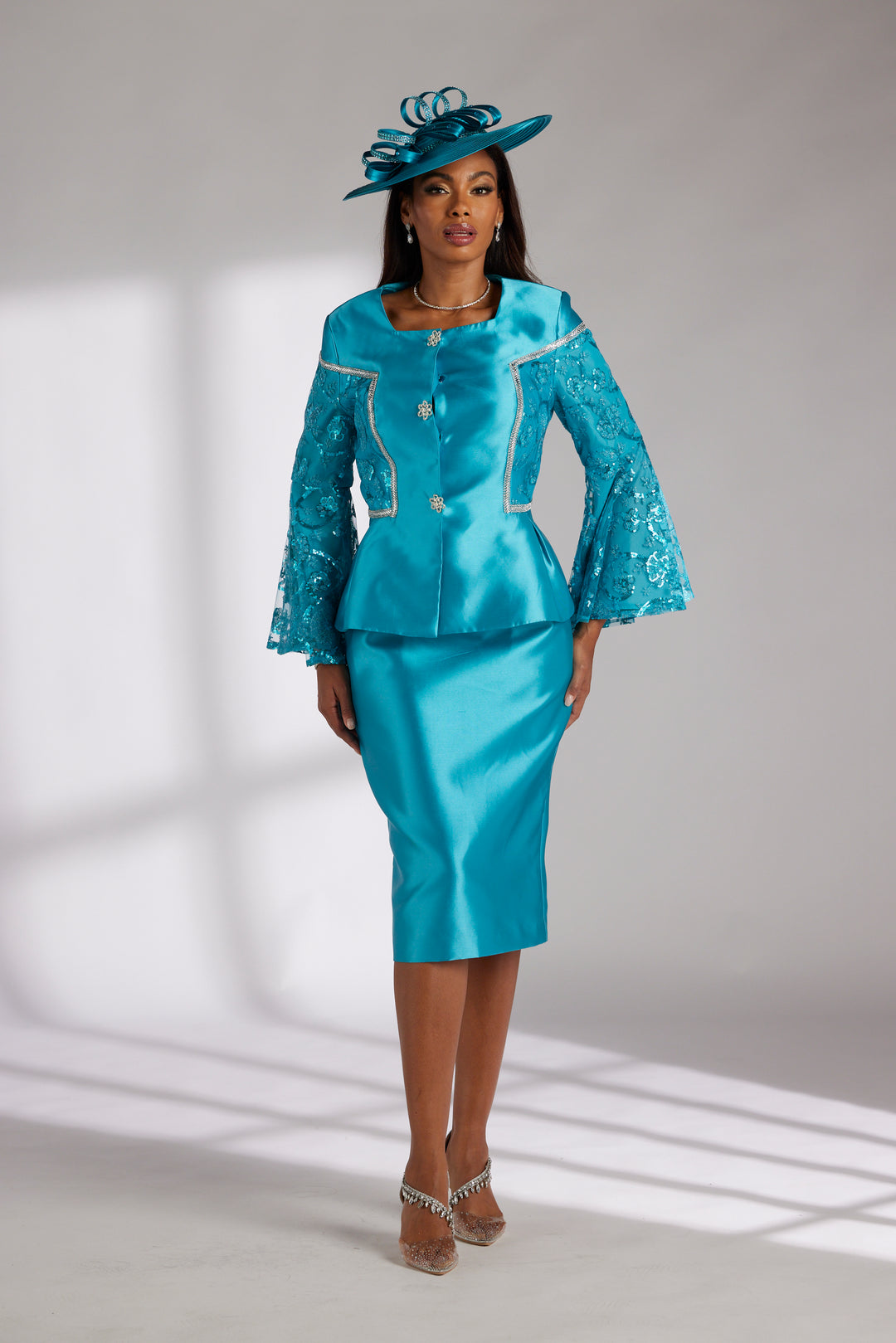 Feel Pretty Peplum Suit by EY Boutique – teal satin skirt suit with lace sleeves and matching church hat for special events