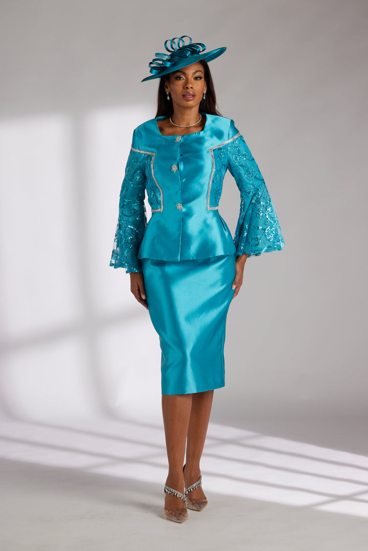 Feel Pretty Peplum Suit by EY Boutique – teal satin skirt suit with lace sleeves and matching church hat for special events