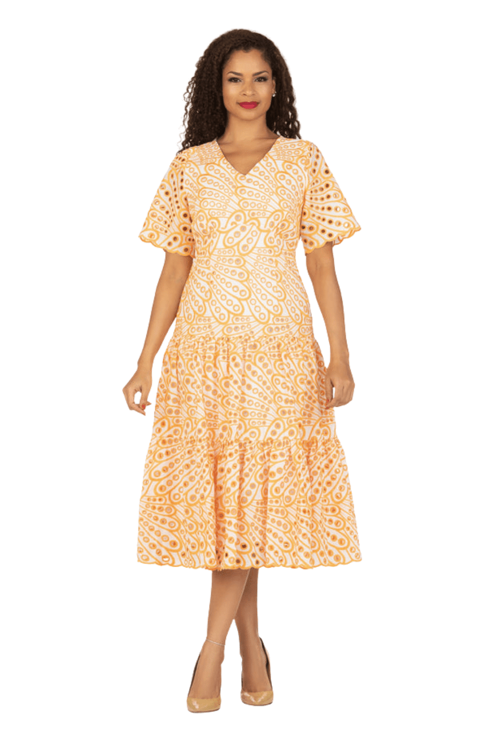 V-neck Cotton Blend A-line Tiered Eyelet Dress - Especially Yours