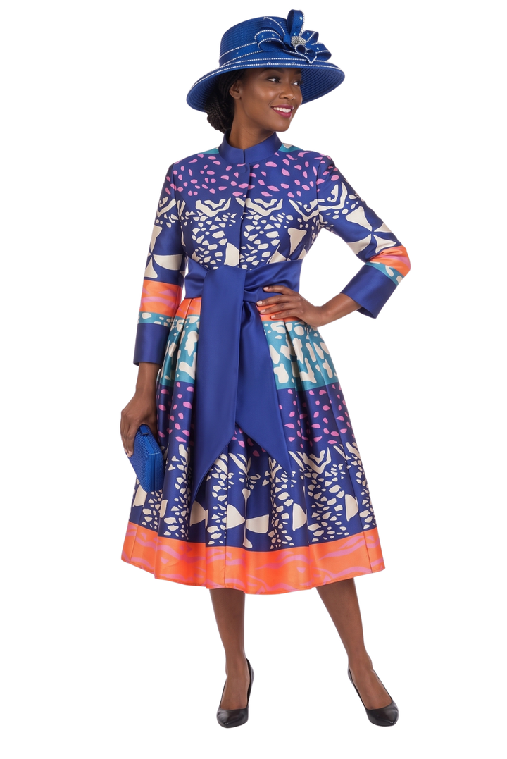 Stand Collar A-line Print Dress w/ Belt-Plus