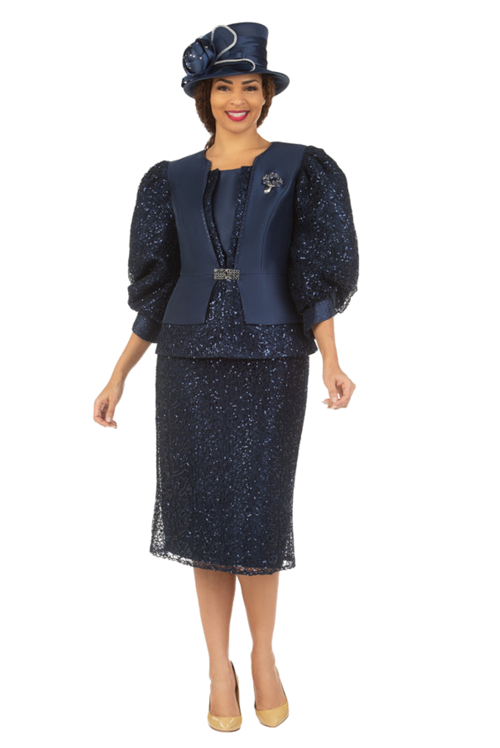 3pc Puff Slv Lace Combo Skirt Suit w/ Brooch