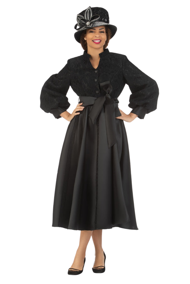Balloon Slv Lace&Silky Twill A-line Drs w/ Belt