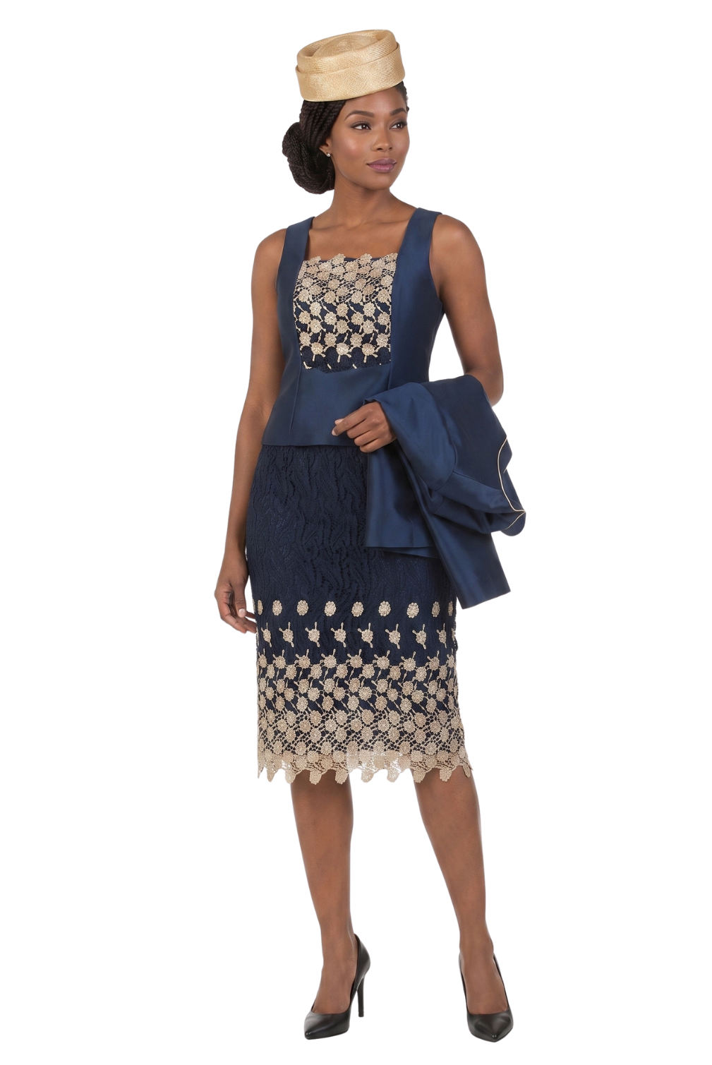 3pc Silk Twill/Lace Combo Two-tone Skirt Suit