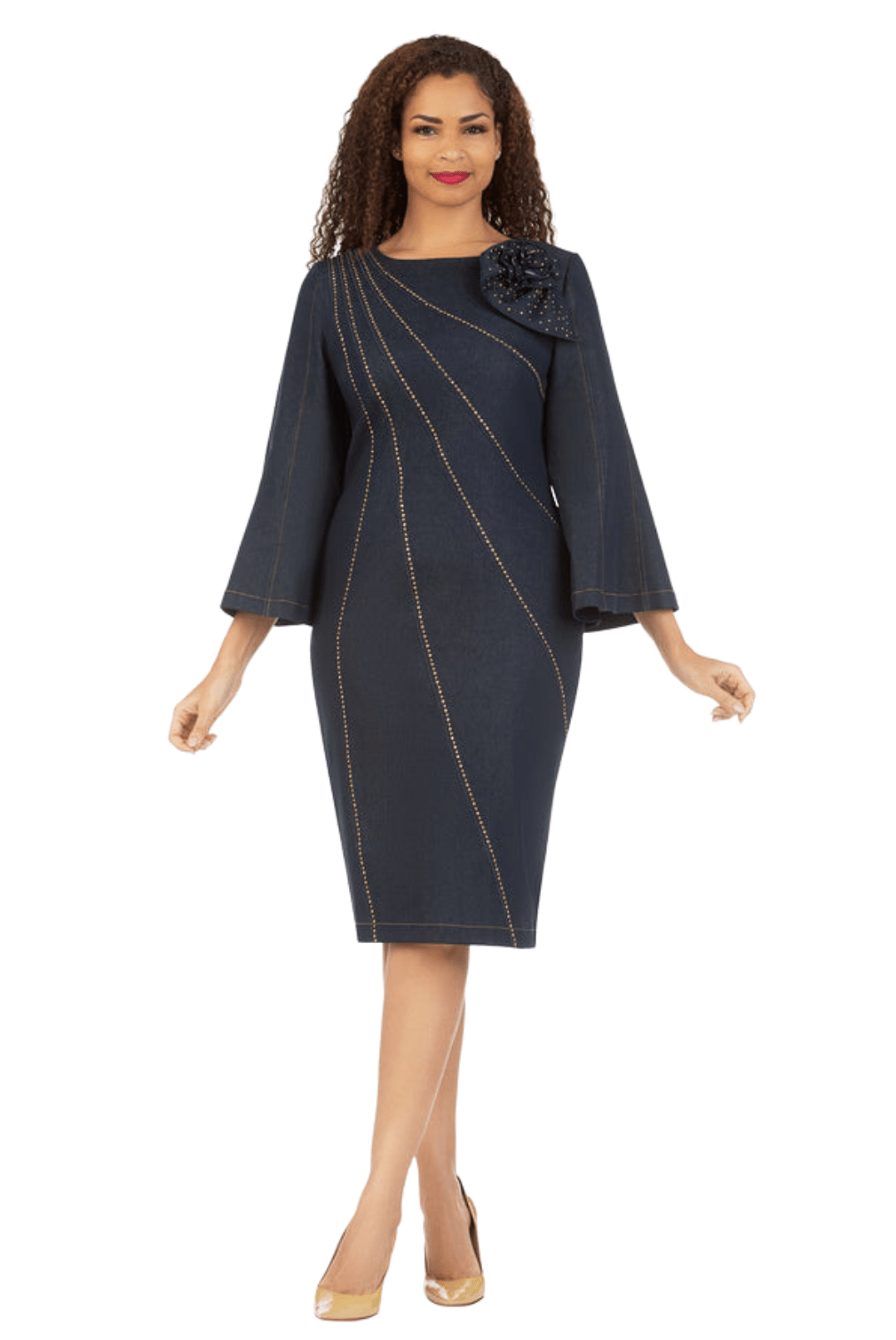Bell Slv Denim Shift Drs w/ Flwr Brooch-Plus - Especially Yours