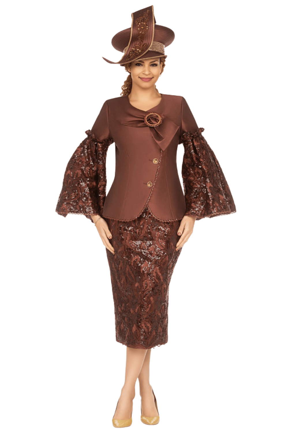 2pc Bell Slv Sequined Lace&Silky Twill Skirt Suit - Especially Yours