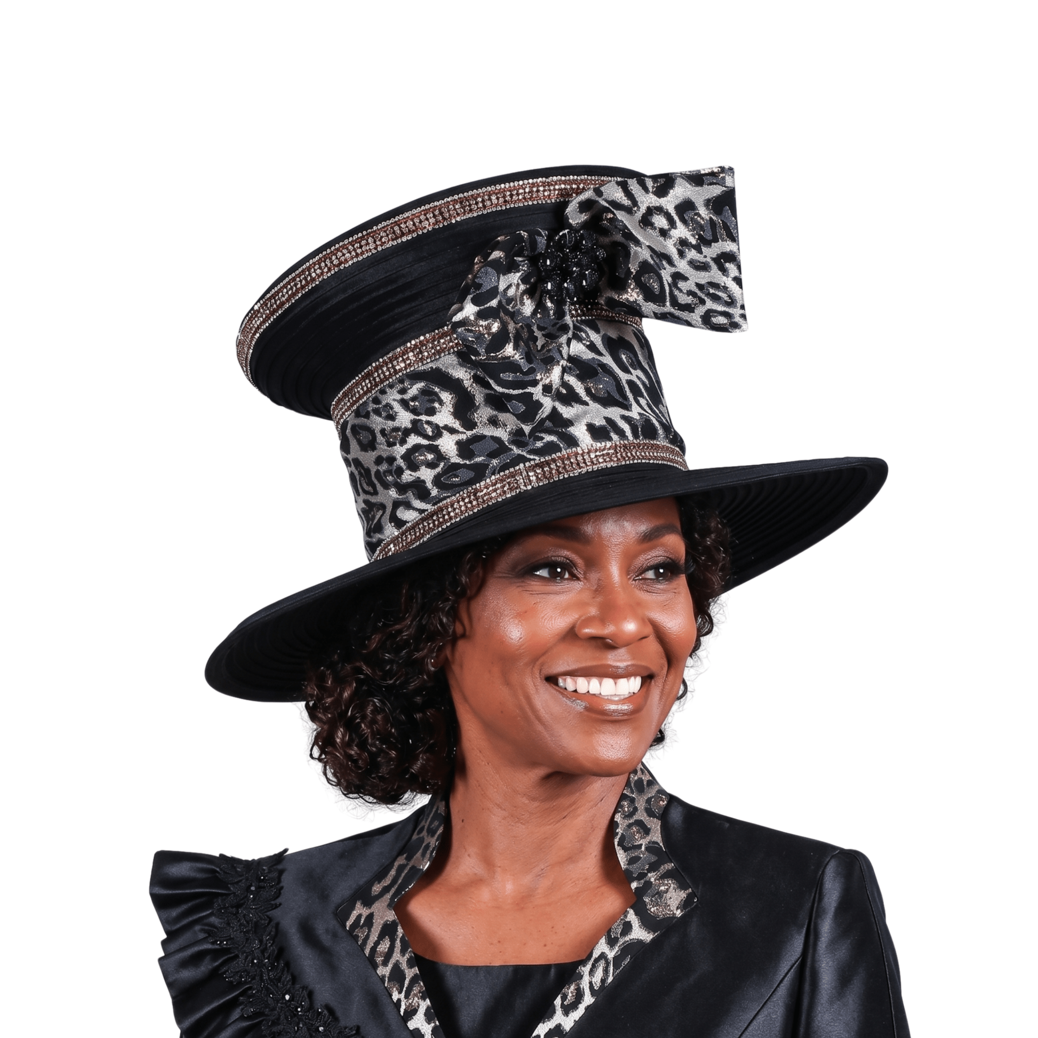 Wide Brim High Crown Hat w Anml Prt Bow&Stones