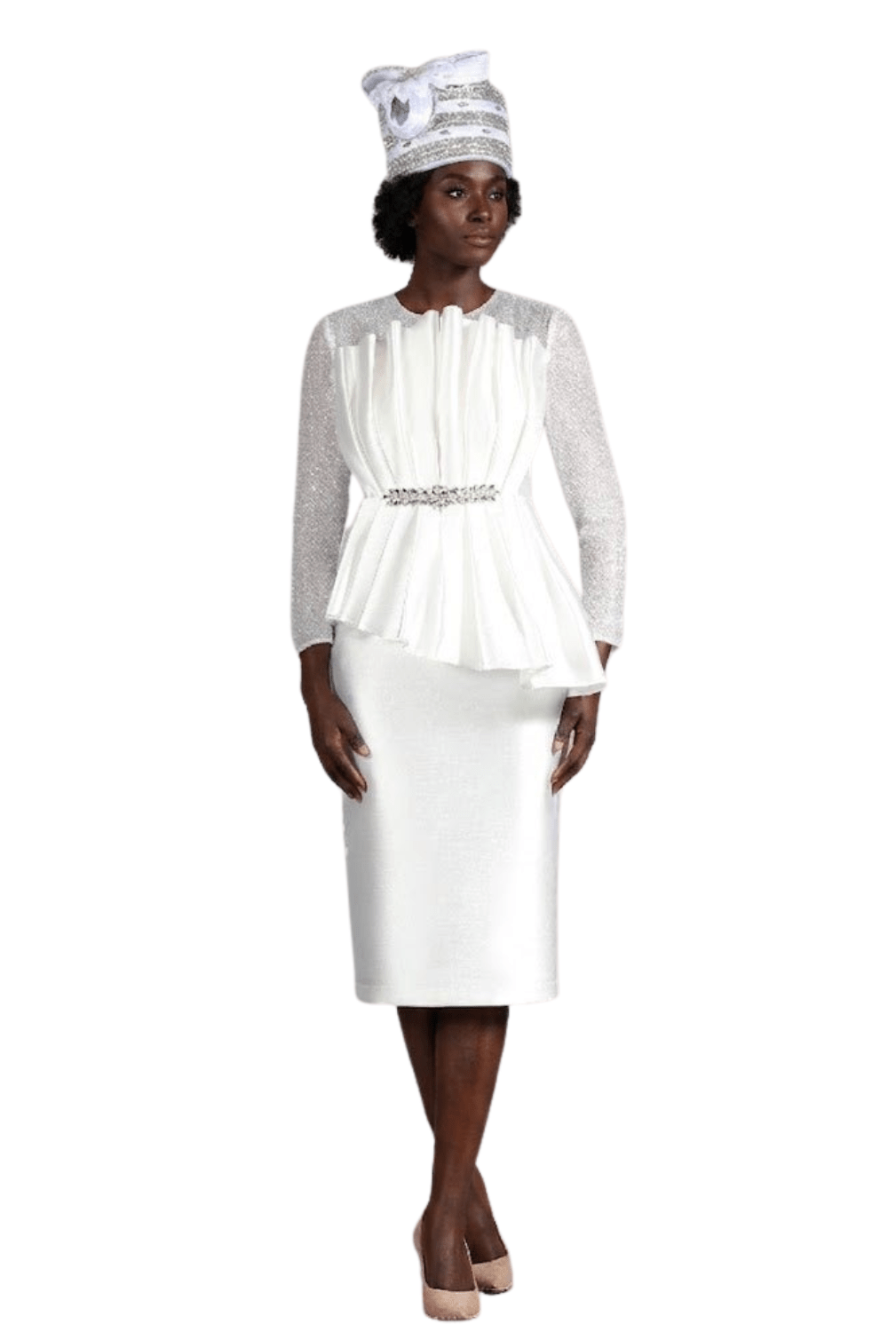 Pleated Pplm Silky Twl Drs w/ See - thru Lace Slvs - Especially Yours