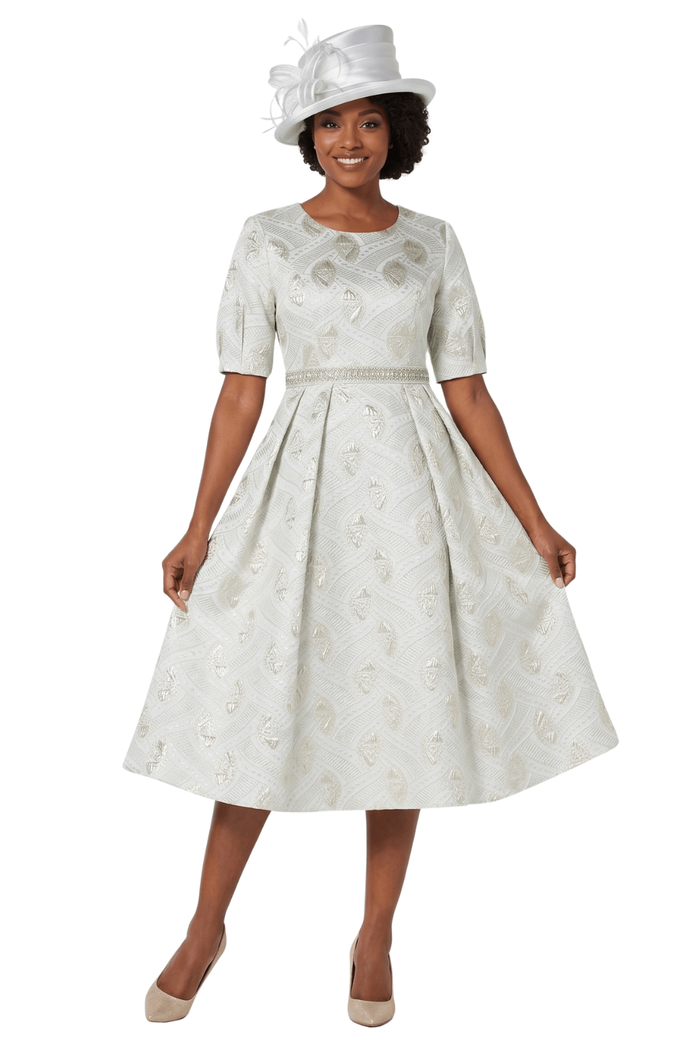 Short Slv Mtlc Brcd A-line Drs w/ Waistline-Plus - Especially Yours